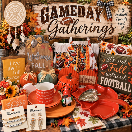 Gameday Gatherings fall and football collection featuring seasonal decor, serving dishes, pillows, and jewelry.